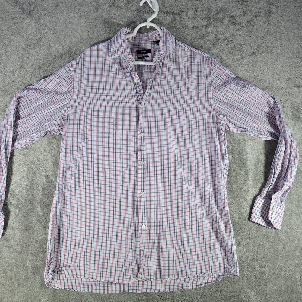 Hugo BOSS‎ Plaid Dress Shirt Regular Fit Button Down Long Sleeve Pink Blue 16.5
